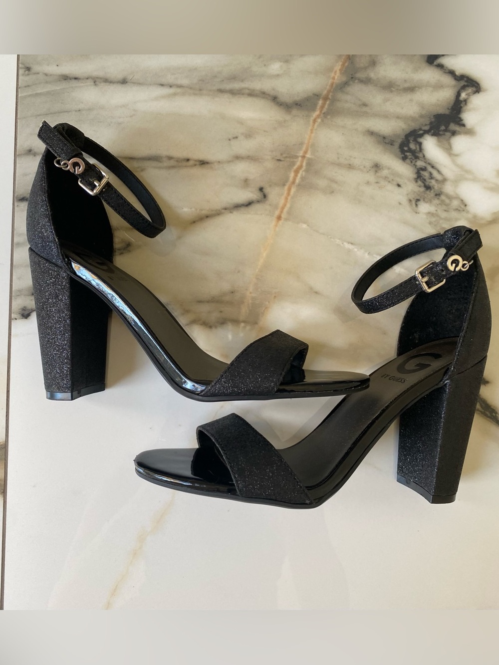Guess Black Glitter Ankle-Strap Block Heel Sandals With Silver G Charm - Size 6M